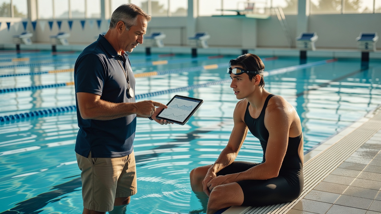 Coach and swimmer discussing a training session beside a naturally lit pool