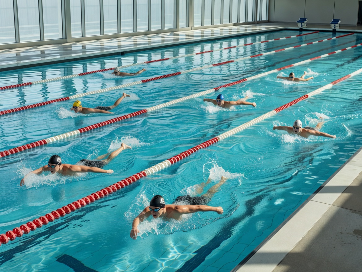 Training lanes and swimmers in a pool illuminated by daylight
