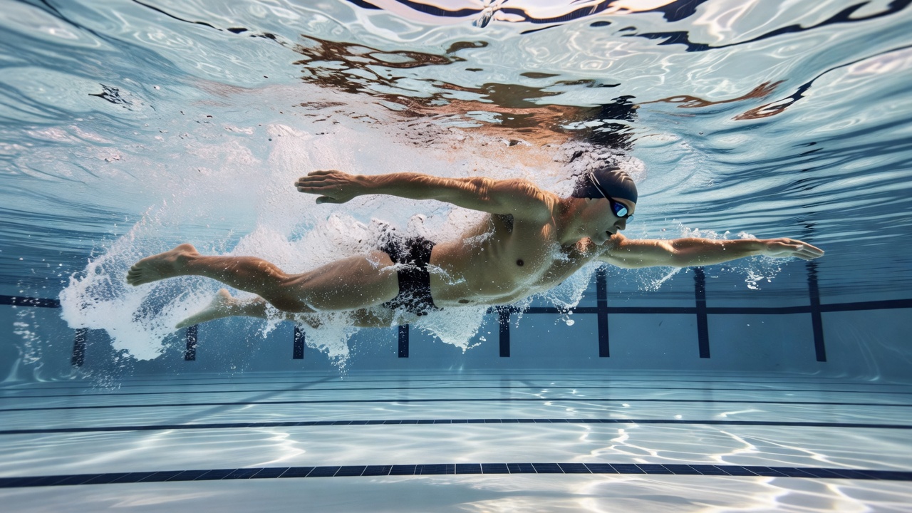 Side view of a swimmer extending through a stroke in a training pool